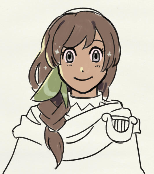 Digital art of a character with brown hair, and brown skin.