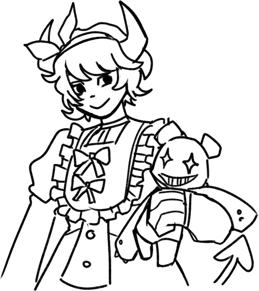 Digital sketch art of a character dressed in gothic lolita clothing holding a doll.