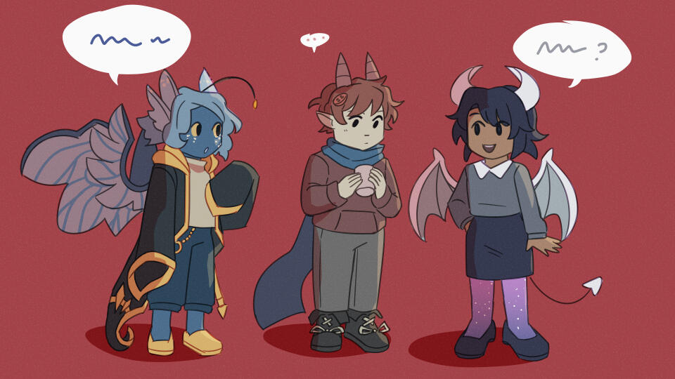 Digital art of dragon characters talking amongst each other.