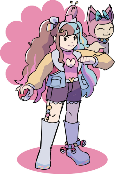 Chibi Ink Example Digital art of a pokemon trainer character holding a skitty.